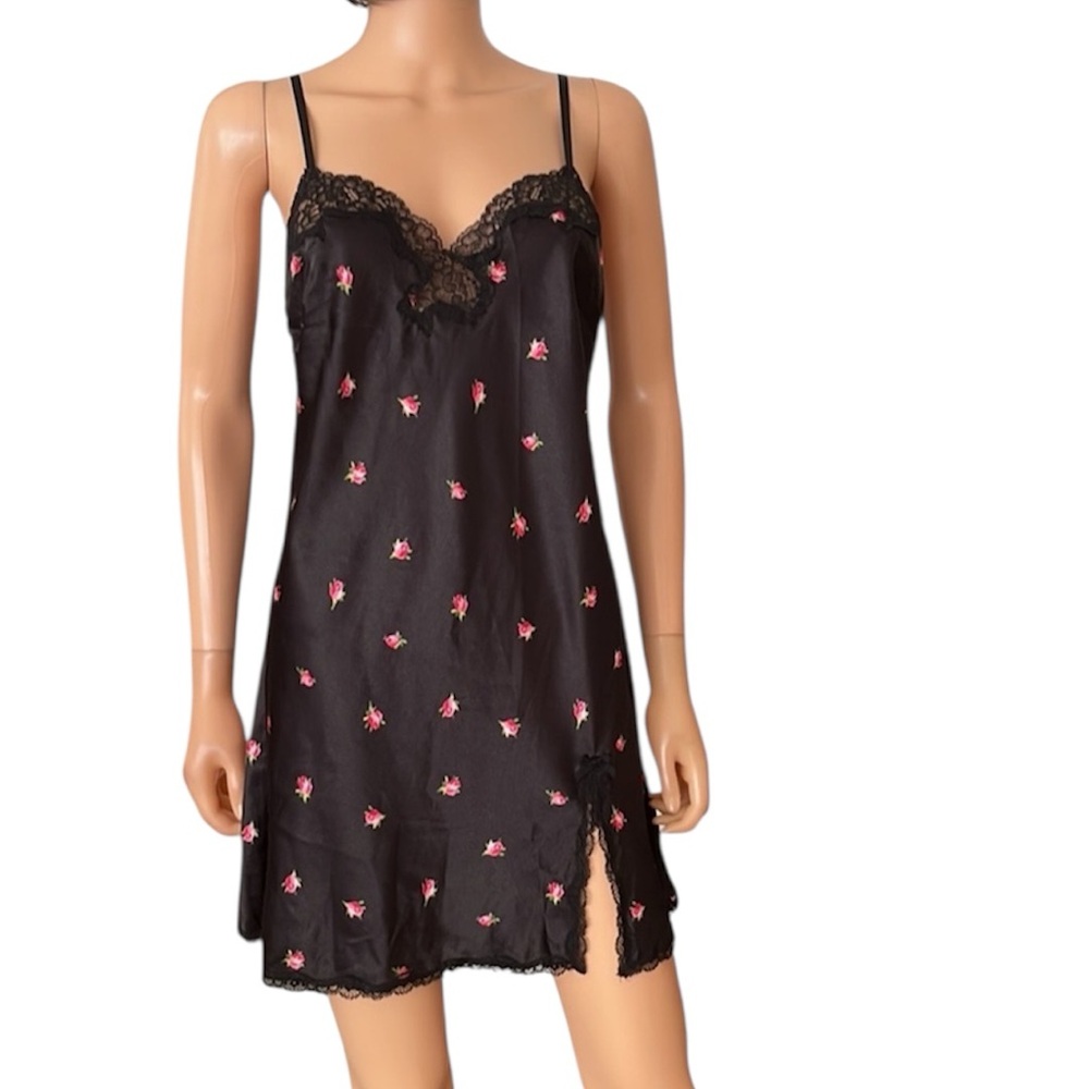 Victoria Secret silky black floral satin slip dress